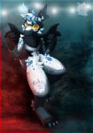  2021 anthro black_body black_fur black_wings blue_body blue_claws blue_fur claws digital_media_(artwork) digital_painting_(artwork) digitigrade featureless_crotch finger_claws full-length_portrait fur glistening glistening_eyes head_tuft hi_res horn looking_at_viewer male mammal mintychipart nude portrait scut_tail short_tail simple_background solo spiral_eyes striped_horn stripes tail toe_claws tuft white_body white_fur wings yellow_eyes yellow_sclera 