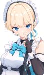  1girl apron blonde_hair blue_archive blue_eyes blush detached_sleeves finger_to_mouth fingerless_gloves gloves harness highres index_finger_raised maid maid_apron maid_headdress pocket sasanekomaru shushing smile solo toki_(blue_archive) upper_body white_background 