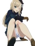  1girl ;d ass bangs bare_legs black_headwear blonde_hair blue_capelet blue_jacket brown_footwear brown_gloves capelet commentary_request fate_(series) flower fur-trimmed_jacket fur_collar fur_trim gloves grey_flower hair_flower hair_ornament highres jacket knees_up long_hair lord_el-melloi_ii_case_files nomanota one_eye_closed panties reines_el-melloi_archisorte shiny_skin shoes simple_background smile solo underwear white_background white_panties 