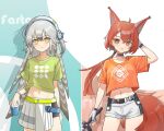 2girls :p ahoge alternate_costume animal_ears arknights black_choker blush breasts bright_pupils character_name choker cowboy_shot cropped_shirt cup drop_shadow extra_ears fartooth_(arknights) feather_hair flametail_(arknights) flametail_(sport_for_all)_(arknights) gloves green_shirt grey_hair hair_between_eyes hand_up hat highres holding holding_cup holding_sword holding_weapon jiuyu_qame long_hair looking_at_viewer midriff multiple_girls navel official_alternate_costume one_side_up orange_eyes orange_hair orange_shirt ponytail shirt short_sleeves shorts simple_background skirt small_breasts squirrel_ears squirrel_girl squirrel_tail sword t-shirt tail tongue tongue_out weapon white_background white_gloves white_headwear white_pupils white_shorts white_skirt yellow_eyes 