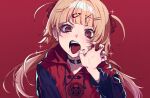  1girl absurdres blonde_hair choker claw_pose drawstring ear_piercing hair_ornament hair_ribbon hairclip hand_up highres hood hoodie light_blush long_hair long_sleeves looking_at_viewer nikubou_maranoshin o-ring o-ring_choker open_mouth original piercing red_background red_eyes red_hoodie red_nails red_theme ribbon sidelocks slit_pupils solo tongue tongue_out tongue_piercing upper_body 