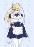  ahoge big_breasts blonde_hair blue_eyes breasts cave_story cleavage clothed clothing curly_brace female hair hi_res huge_breasts humanoid long_hair looking_at_viewer machine maid_uniform robot robot_humanoid signature solo standing text thick_thighs uniform white_body zedrin 