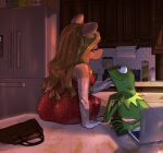  2023 absurd_res amphibian anthro appliance armwear bare_shoulders blonde_hair blush clothing computer detailed_background domestic_pig duo elbow_gloves eye_contact eyeshadow female fridge frog gloves hair handwear hi_res imtoffe kermit_the_frog kitchen kitchen_appliance kitchen_utensils laptop long_hair looking_at_another makeup male male/female mammal miss_piggy muppets narrowed_eyes signature sitting suid suina sus_(pig) the_muppet_show tools 