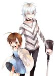 1boy 1girl :d accelerator_(toaru_majutsu_no_index) age_difference ahoge albino angry arms_at_sides asamiyajy black_choker black_pants blue_dress blush bob_cut brown_hair child choker clothes_lift commentary crutch diagonal-striped_shirt diagonal_stripes dress dress_lift dress_shirt electrodes feet_out_of_frame female_child floating_clothes from_above grey_shirt hair_between_eyes height_difference last_order_(toaru_majutsu_no_index) long_sleeves looking_at_viewer looking_up messy_hair narrowed_eyes open_clothes open_mouth open_shirt oversized_clothes pants polka_dot polka_dot_dress red_eyes sanpaku shirt short_hair shouting simple_background sleeveless sleeveless_dress sleeves_past_wrists smile striped striped_shirt sundress t-shirt teeth toaru_kagaku_no_accelerator toaru_majutsu_no_index upper_teeth_only v-shaped_eyebrows white_background white_hair white_shirt wind wind_lift 