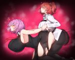  2girls afterimage arm_held_back ass black_pants blush breasts commission covered_nipples doggystyle fate/grand_order fate_(series) from_side fujimaru_ritsuka_(female) futa_with_female futanari heart highres huge_breasts mash_kyrielight multiple_girls necktie open_mouth pants pixiv_commission purple_hair red_hair red_necktie rikuguma sex sex_from_behind shirt short_hair side_ponytail sleeveless speed_lines textless_version torn_clothes torn_pants white_shirt 
