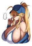  ... 1girl absurdres ahoge artoria_pendragon_(fate) baseball_cap bikini bikini_top_only blonde_hair blue_eyes breasts cleavage cosplay fate/grand_order fate_(series) green_eyes hat highres huge_breasts imuzi mysterious_heroine_xx_(fate) mysterious_heroine_xx_(fate)_(cosplay) ponytail scratching_cheek solo speech_bubble swimsuit upper_body 