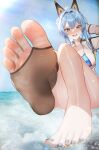  1girl absurdres bare_legs bare_shoulders barefoot beach bikini blue_bikini blue_eyes blue_hair blue_nails blue_sky blush braid breasts bridal_legwear brown_socks cleavage collarbone day feet foot_focus french_braid gloves goddess_of_victory:_nikke hair_ornament helm_(aqua_marine)_(nikke) helm_(nikke) high_ponytail highres huge_breasts jewelry knees_together_feet_apart large_breasts legs long_hair long_sleeves looking_at_viewer nail_polish navel no_shoes ocean open_clothes open_mouth open_shirt outdoors paid_reward_available ponytail sidelocks single_sock sitting sky smile socks soles solo swimsuit thighs toenail_polish toenails toes ursica water wet white_gloves 