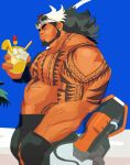  1boy abs bamashengze bara beach belly black_hair chest_tattoo cocktail_glass cowboy_shot cup dark-skinned_male dark_skin drinking_glass eyewear_on_head from_side full_beard highres huge_pectorals looking_at_viewer male_focus mature_male mauga_(overwatch) muscular muscular_male nipples overwatch overwatch_2 sideways_glance solo standing strongman_waist tattoo thick_eyebrows topless_male veins veiny_arms 