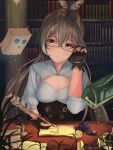 1girl adjusting_hair bag black-framed_eyewear black_gloves bookshelf breasts brown_corset brown_hair cleavage_cutout closed_mouth clothing_cutout commentary corset desk feather_hair_ornament feathers friend_(nanashi_mumei) glasses gloves hair_ornament highres holding holding_quill hololive hololive_english indoors ink_bottle lamp long_hair medium_breasts nanashi_mumei nanashi_mumei_(1st_costume) paper paper_bag partially_fingerless_gloves phos_(s_phos) quill semi-rimless_eyewear shirt sitting smile symbol-only_commentary twitter_username virtual_youtuber white_shirt writing yellow_eyes 