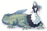  2021 5_fingers apron clothing crocodile crocodile_taur crocodilian crocodilian_taur crocodylid crocodylid_taur female fingers gloves green_body green_hair hair handwear looking_up maid_headdress maid_uniform reptile reptile_taur scalie scalie_taur simple_background solo tail taur uniform white_apron white_background white_clothing white_gloves white_handwear whitechip 