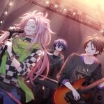  3boys alternate_costume band blue_eyes brown_eyes brown_hair guitar harada_minoru hatsutori_hajime highres holding holding_instrument holding_microphone_stand instrument keyboard_(instrument) long_hair male_focus microphone_stand multiple_boys music pink_hair purple_hair saibou_shinkyoku sakuraihum short_hair singing utsugi_noriyuki wavy_hair 