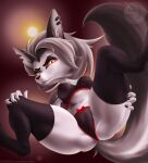 anthro breasts butt canid canid_demon clothed clothing demon ear_piercing female grey_body hellhound helluva_boss hi_res legwear looking_at_viewer loona_(helluva_boss) mammal piercing red_eyes sharkdark solo spread_legs spreading tail underwear white_body 