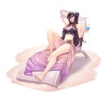  1girl :d arm_up bare_legs barefoot beach_chair bikini breasts brown_hair commentary cupping_glass granblue_fantasy hand_up hat highres large_breasts long_hair looking_at_viewer navel open_mouth phrecklesart purple_eyes rosetta_(granblue_fantasy) sarong simple_background smile solo stomach sun_hat swimsuit thighs very_long_hair white_background white_headwear 