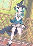  1girl black_hair blue_eyes blue_hair blue_skirt cetacean_tail common_dolphin_(kemono_friends) dolphin_girl fins fish_tail grey_shorts kanmoku-san kemono_friends looking_at_viewer multicolored_hair sailor_collar sandals shirt short_hair shorts skirt solo tail two-tone_hair window 