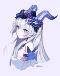  1girl bare_shoulders blue_eyes blunt_bangs detached_sleeves elsword expressionless grey_background head_tilt head_wreath highres horns looking_at_viewer luciela_r._sourcream ppower_(lu_power) sidelocks sleeveless solo star-shaped_pupils star_(symbol) symbol-shaped_pupils turning_head twitter_username upper_body white_hair 