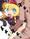  1boy 1girl bar_censor black_capelet black_gloves black_headwear black_vest blonde_hair blue_eyes blush blush_stickers bottomless bow bowtie breasts bright_pupils buttons capelet censored clothed_female_nude_male clothed_sex commentary cookie_(touhou) elbow_gloves feet_out_of_frame gloves hat hetero highres hospital_king kirisame_marisa medium_bangs medium_breasts medium_hair meguru_(cookie) motion_lines nude open_mouth penis pussy red_bow red_bowtie sex simple_background solo_focus tearing_up teeth thick_eyebrows tongue tongue_out touhou upper_teeth_only vaginal vest white_background white_pupils witch_hat 