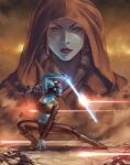  1girl aayla_secura alien blue_lightsaber blue_skin boots brown_eyes brown_footwear brown_pants brown_shirt colored_skin crop_top energy_sword holding holding_lightsaber holding_weapon hood lightsaber multiple_views natebaertsch pants shirt star_wars sword weapon 