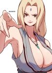  1girl aosora2823 armpits artist_name blonde_hair blush breasts brown_eyes cleavage collarbone facial_mark forehead forehead_mark foreshortening grey_kimono highres huge_breasts japanese_clothes jewelry kimono mature_female naruto naruto_(series) parted_lips pointing pointing_at_viewer red_lips simple_background sleeveless sleeveless_kimono smile solo tsunade_(naruto) upper_body white_background 