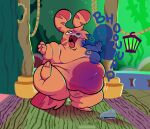  ambiguous_gender anthro belly_overhang burp_cloud burping crotch_tuft detailed_background hi_res katsuma katsuma_(species) monster_(moshi_monsters) moshi_monsters navel obese obese_anthro overweight overweight_anthro solo spleeep tail tuft 