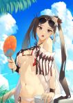  1girl :o ao_tsukushi bikini black_eyes blue_sky breasts brown_hair cloud day earrings eyewear_on_head fate/grand_order fate_(series) hair_ornament hand_fan highres holding holding_fan jewelry long_hair looking_at_viewer medium_breasts multiple_earrings open_clothes outdoors palm_tree sky solo sunglasses swimsuit table tree twintails very_long_hair white_bikini wrist_straps yu_mei-ren_(fate) yu_mei-ren_(swimsuit_lancer)_(fate) 