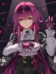  1girl arm_up black_coat black_shorts breasts coat collared_shirt eyewear_on_head falling_petals gloves honkai:_star_rail honkai_(series) kafka_(honkai:_star_rail) large_breasts looking_at_viewer medium_hair nahu parted_lips petals purple_eyes purple_gloves purple_hair shirt shorts sidelocks smile sunglasses white_shirt 