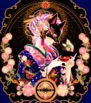  1girl 8rami2ki choko_(cup) colorful cup fox_mask japanese_clothes kimono mask multicolored_hair obi original pale_skin patterned patterned_clothing sash solo 