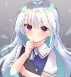  1girl 2021 absurdres blue_hair blush clenched_hand closed_mouth dated_commentary eyelashes eyes_visible_through_hair floating_hair gattengou grey_background grisaia_(series) grisaia_no_kajitsu hair_between_eyes hand_on_own_chin highres kazami_kazuki light_blue_hair long_hair looking_at_viewer multicolored_shirt purple_eyes school_uniform short_sleeves simple_background smile solo upper_body very_long_hair 