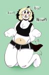 anonymous_artist anthro black_tail breasts canid canine canis domestic_dog english_text fangs female fur low_res mammal solo tail teeth text thick_thighs white_body white_fur 