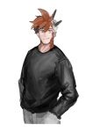 1boy alternate_costume another_eidos-r baggy_clothes black_hair cropped_torso dragon_boy gaia_(another_eidos) hair_between_eyes hands_in_pockets heterochromia highres horns looking_at_viewer male_focus neumo red_hair red_scales shirt short_hair smile solo t-shirt thick_eyebrows 