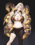  1girl alternate_costume asymmetrical_legwear blonde_hair breasts casual contemporary fire_emblem fire_emblem_heroes grey_hair gullveig_(fire_emblem) horns large_breasts long_hair looking_at_viewer meziosaur multicolored_hair pale_skin single_horn snake snake_hair solo thighs thong two-tone_hair yellow_eyes 