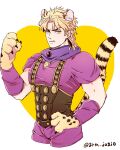  1boy animal_ears animal_hands blonde_hair commentary_request dio_brando ear_birthmark fangs grm_jogio highres jojo_no_kimyou_na_bouken male_focus mole mole_on_ear muscular muscular_male phantom_blood purple_scarf scarf short_hair solo suspenders tail yellow_eyes 