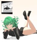  1girl ahoge black_dress black_footwear breasts closed_mouth collared_dress curly_hair dress elbow_rest english_commentary feet_up green_eyes green_hair head_rest high_heels highres long_sleeves looking_at_viewer lying on_stomach one-punch_man pomelomelon reference_inset short_hair side_slit simple_background small_breasts smile solo tatsumaki 
