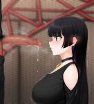  1boy 1girl barbell_piercing black_choker black_hair blunt_bangs blurry blurry_background blush bocchi_the_rock! breasts choker ear_piercing earrings from_side green_eyes hetero imminent_fellatio indoors jewelry jjanda large_breasts looking_at_penis male_pubic_hair oral pa-san penis penis_awe piercing pubic_hair stud_earrings tears trembling 