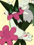  3_fingers ambiguous_gender anthro biped fingers generation_9_pokemon green_body hi_res hunched_over japanese_text kame_3 meowscarada nintendo pink_body pink_eyes pokemon pokemon_(species) simple_background solo text yellow_background 