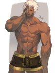  1boy abs bara black_shorts bulge character_request cross-laced_clothes cross-laced_legwear cross-laced_underwear dark-skinned_male dark_skin dungeon_and_fighter feet_out_of_frame forearms hair_slicked_back head_tilt looking_at_viewer male_focus muscular muscular_male navel nikism nipples obliques pectorals short_hair shorts sideburns solo standing stomach thick_eyebrows thick_thighs thighs topless_male v-taper veins veiny_arms white_hair 