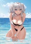  1girl absurdres bare_arms bare_legs bare_shoulders bikini black_bikini blue_eyes blush breasts cleavage collarbone commentary_request cowboy_shot day grey_hair groin hair_between_eyes highres jouzaburou_(joe3) kantai_collection kashima_(kancolle) large_breasts navel ocean open_mouth outdoors short_hair solo swimsuit twintails water wet white_bikini 