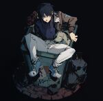  1boy black_background black_hair black_shirt blue_footwear bomber_jacket bouquet brown_jacket closed_mouth commentary_request dog expressionless flower full_body highres in_trash_can itou_kaiji jacket kaiji long_hair long_sleeves looking_to_the_side male_focus open_clothes open_jacket pants red_flower red_rose rose shirt shoes sidelocks sitting sneakers solo trash_bag trash_can wanted white_pants yi_guo_xigua_tong 
