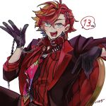  1boy :d black_gloves black_pants blue_eyes chain chair collar ear_piercing gloves hair_between_eyes highres hizaki_gamma holostars itoko_(hanada564) leash looking_at_viewer male_focus necktie orange_hair pants piercing red_collar red_hair red_vest sitting smile spoken_number vest virtual_youtuber white_background 