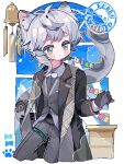  1boy animal_ear_fluff animal_ears arknights black_coat black_gloves blue_sky blush bow bowtie chinese_commentary coat collared_shirt commentary_request cropped_legs desk dust_cloud formal gloves grey_eyes grey_hair grey_pants grey_shirt grey_suit grey_vest highres infection_monitor_(arknights) leopard_boy leopard_ears leopard_tail looking_to_the_side male_focus pants paw_print pixelated saucer_(saucer752) shirt short_hair silverash_(arknights) silverash_(york&#039;s_bise)_(arknights) single_sidelock sky solo stamp_mark suit tail umbrella vest white_bow white_bowtie wind_chime window 