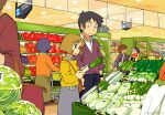  1other 2girls 3boys bag baseball_cap black_hair black_pants blonde_hair brown_eyes brown_hair cabbage carrot checkered_clothes checkered_shirt food green_skirt grey_skirt groceries hat holding holding_bag holding_food holding_spring_onion holding_vegetable jacket multiple_boys multiple_girls nichijou orange_jacket pants price_tag radish red_sweater s0h7i1m9e sakurai_izumi salad shirt shop shoulder_bag skirt spring_onion sweater takasaki_manabu twitter_username vegetable white_shirt yellow_sweater 