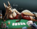  absurd_res alcohol anthro beverage big_breasts blonde_hair breasts canid canine card casino clothed clothing curvaceous curvy_figure dress elenmory female fur gambling hair hi_res lying mammal smoking solo solo_focus spots voluptuous yellow_body yellow_fur 