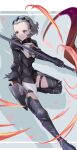  1girl armor black_hairband fire_emblem fire_emblem_fates grey_hair hair_slicked_back hairband highres holding holding_polearm holding_weapon polearm puffy_sleeves sakura_no_yoru solo sophie_(fire_emblem) thigh_strap weapon 