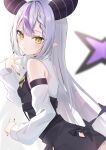  bare_shoulders black_nails braid braided_bangs detached_sleeves grey_hair highres hololive horns la+_darknesss long_hair mizupuruta multicolored_hair pointy_ears purple_hair streaked_hair striped_horns tail virtual_youtuber yellow_eyes 