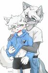  2023 5_fingers age_difference anthro blue_eyes blush blush_lines bottomwear canid canine canis claws clothed clothing cute_fangs denim denim_bottomwear denim_clothing digital_media_(artwork) duo finger_claws fingers fox fur green_eyes grey_body grey_fur hair hand_on_chest hand_on_shoulder hand_under_clothing hi_res hoodie inner_ear_fluff jeans kemono kloe_mone larger_male male male/male male_anthro mammal older_male open_mouth pants shirt short_hair shorts signature simple_background size_difference smaller_male t-shirt tail teenager tongue topwear tuft white_background white_body white_fur white_hair wolf young younger_male 