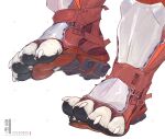  2023 4_toes ambiguous_gender anthro armor claws digital_media_(artwork) english_text feet foot_focus furgonomic_footwear greaves hi_res moxuan_zhang pawpads plantigrade solo text toes 