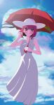  1girl absurdres arima_kana black_ribbon blue_sky blush bob_cut closed_mouth cloud collarbone commentary cumulonimbus_cloud dress english_commentary feet_out_of_frame floating_hair hand_in_own_hair hat hat_ribbon head_tilt highres holding holding_umbrella inverted_bob lens_flare looking_at_viewer medium_hair mon_monn oshi_no_ko outdoors red_eyes red_hair red_umbrella ribbon shadow sky sleeveless sleeveless_dress smile solo standing sun_hat sundress sunlight umbrella white_dress white_headwear 