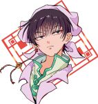  1boy black_eyes black_hair earrings hakutaku_(hoozuki_no_reitetsu) head_scarf highres hoozuki_no_reitetsu jewelry looking_at_viewer makoto_139 male_focus red_eyeliner short_hair single_earring 