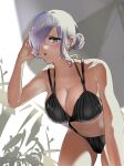  1girl alternate_hairstyle black_panties blush breasts cerejeira_elron fate/grand_order fate_(series) hair_over_one_eye highres kemu_jirou large_breasts long_hair looking_at_viewer official_alternate_costume open_mouth panties plant purple_lips swimsuit underwear 