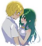  1boy 1girl bare_arms blonde_hair blush closed_mouth collared_shirt commentary_request couple eye_contact eyelashes eyes_visible_through_hair from_side frown green_eyes green_hair hair_between_eyes hair_ribbon half_updo hand_on_another&#039;s_chest hand_up hetero highres higurashi_no_naku_koro_ni houjou_satoshi long_hair looking_at_another nose_blush open_mouth ribbed_sweater ribbon shirt short_hair short_sleeves simple_background sleeveless sleeveless_turtleneck smile sonozaki_shion spoilers suzuragi_karin sweatdrop sweater turtleneck upper_body very_long_hair white_background white_shirt white_sweater yellow_ribbon 