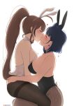  2girls ahoge animal_ears anyacchi artist_name bare_arms bare_shoulders black_bow black_bowtie black_hair black_leotard black_pantyhose blue_hair blush bow bow_earrings bowtie breasts brown_eyes brown_hair closed_eyes detached_collar earrings fake_animal_ears fake_tail fishnet_pantyhose fishnets from_side hair_intakes heart high_ponytail highres hololive hololive_english jewelry kiss large_breasts leotard long_hair multicolored_hair multiple_girls nanashi_mumei ouro_kronii paid_reward_available pantyhose patreon_logo playboy_bunny profile rabbit_ears rabbit_tail simple_background sitting sitting_on_lap sitting_on_person strapless strapless_leotard streaked_hair tail thighband_pantyhose virtual_youtuber white_background white_leotard yuri 